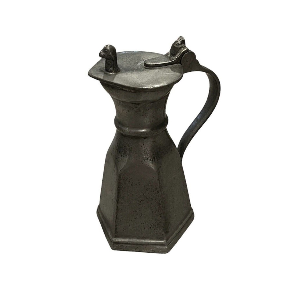Antique Small Peltro Pewter Jug Tankard Cruet With Attached Lid Lamb Head 4”